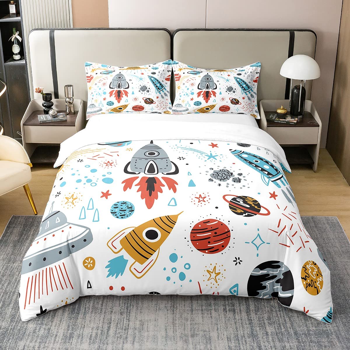 Erosebridal 100% Organic Cotton Outer Space Duvet Cover Twin,Kids Boys Space Ship Rocket Bedding Set,Cartoon Universe Stars Planet Comforter Cover,Cosmos Meteorite Bed Sets with 1 Pillow Case