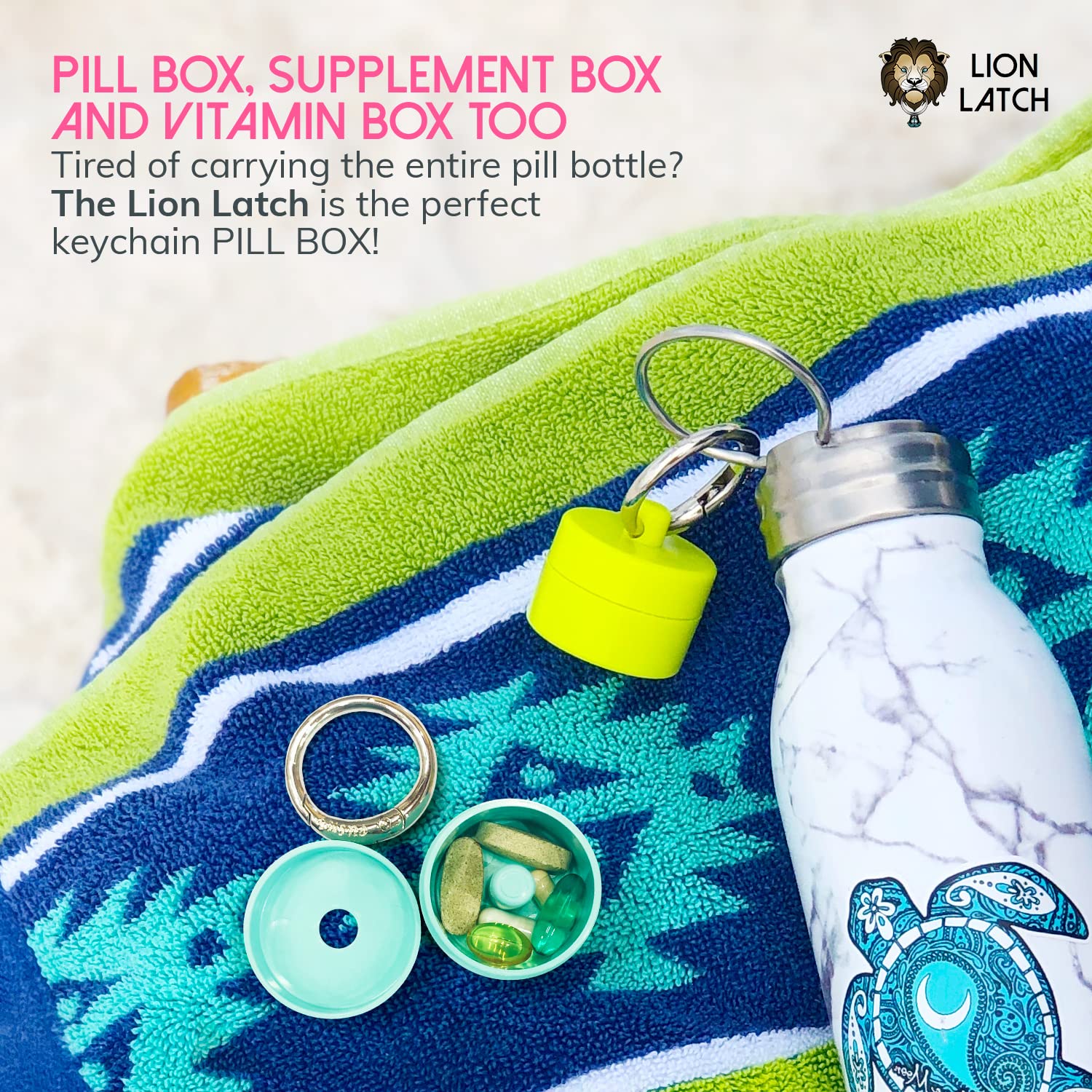 Lion Latch: As Seen on Shark Tank, Jewelry Box Case, Traveling Jewelry Holder Storage, Pill Box Keychain Container, 3-Pack - Grey, Mint, Turquoise