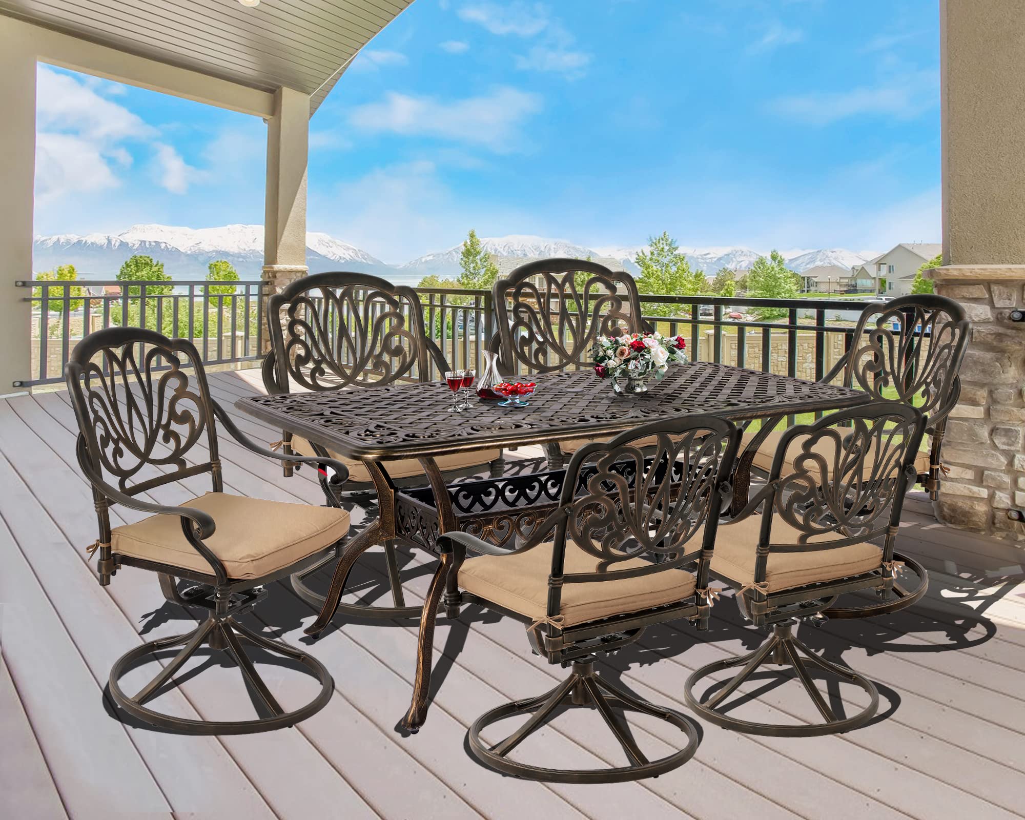 TITIMO 7 Piece Cast Aluminum Patio Dining Set, Outdoor Dining Furniture Patio Table and Chairs Set,6 Floral Pattern Swivel Rocker Chairs with Cushions (Khaki)