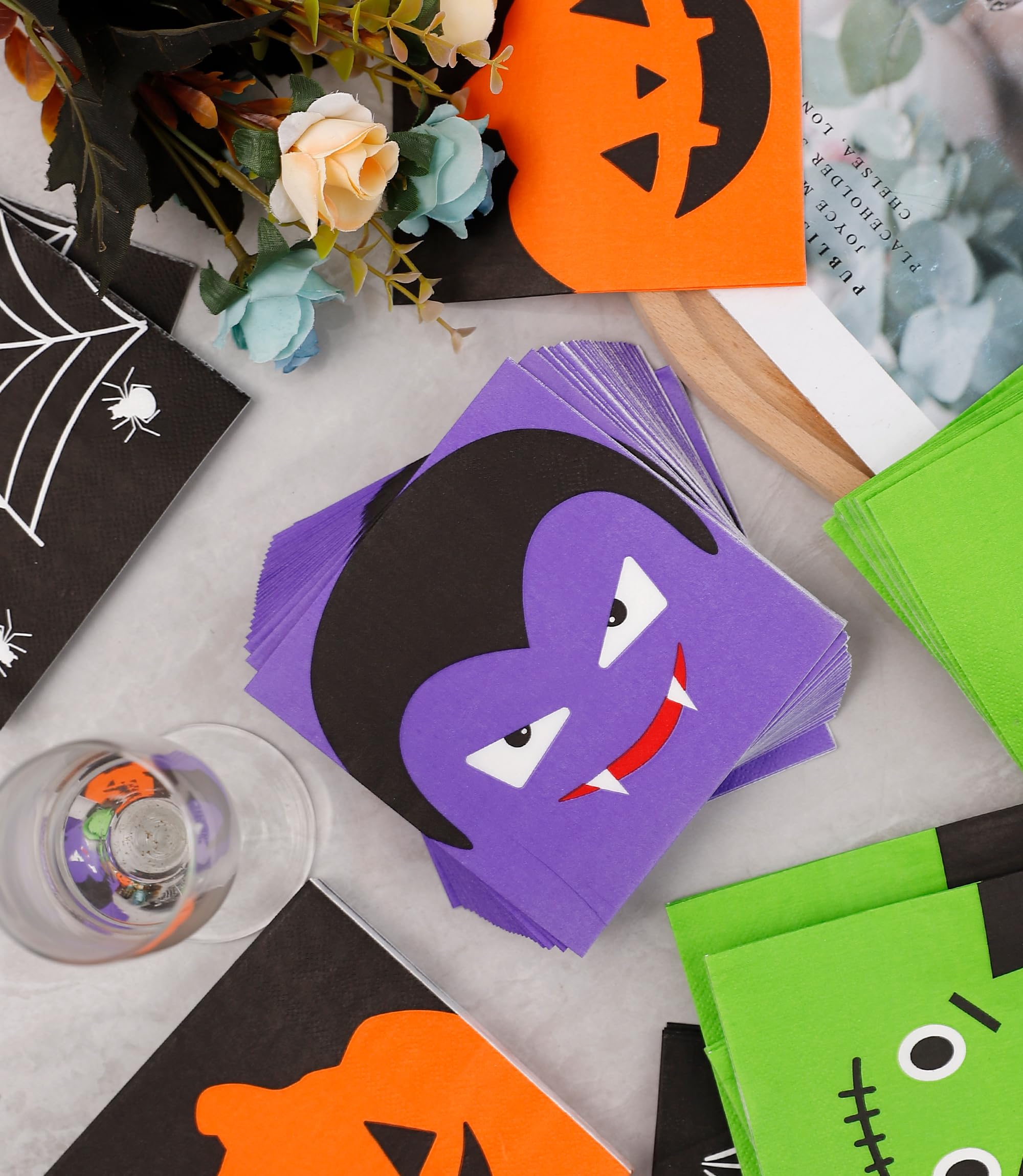 100 PK Halloween Cocktail Napkins - 4 Assorted Designs - 3-Ply Halloween Paper Napkins for Halloween Party Supplies Disposable Party Napkins Ghost Paper Beverage Napkins Bulk Kids Birthday