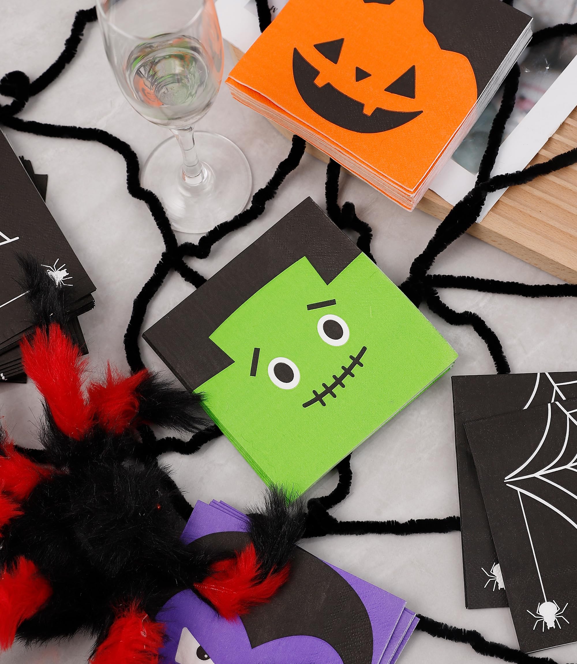 100 PK Halloween Cocktail Napkins - 4 Assorted Designs - 3-Ply Halloween Paper Napkins for Halloween Party Supplies Disposable Party Napkins Ghost Paper Beverage Napkins Bulk Kids Birthday