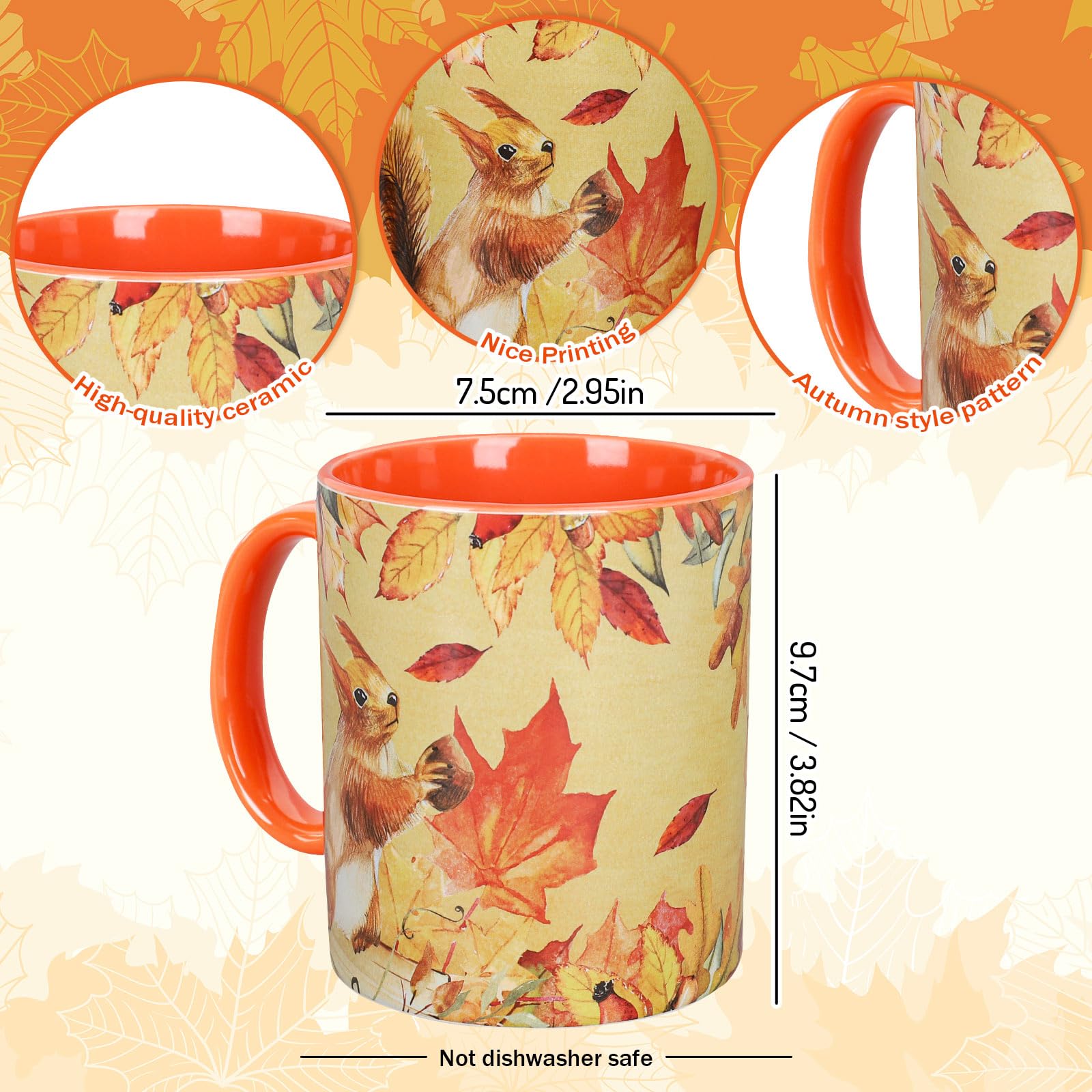 Whaline 12oz Fall Thanksgiving Coffee Mugs Autumn Pumpkin Print Ceramic Cups Watercolor Squirrel Sunflower Mug for Fall Home Birthday Gift Family Supplies,Set of 2