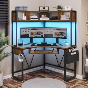 sedeta corner desk, small computer desk with hutch & led lights, triangle corner computer desk with keyboard tray, storage bag, and headphone hook for small space, small office desk, rustic brown