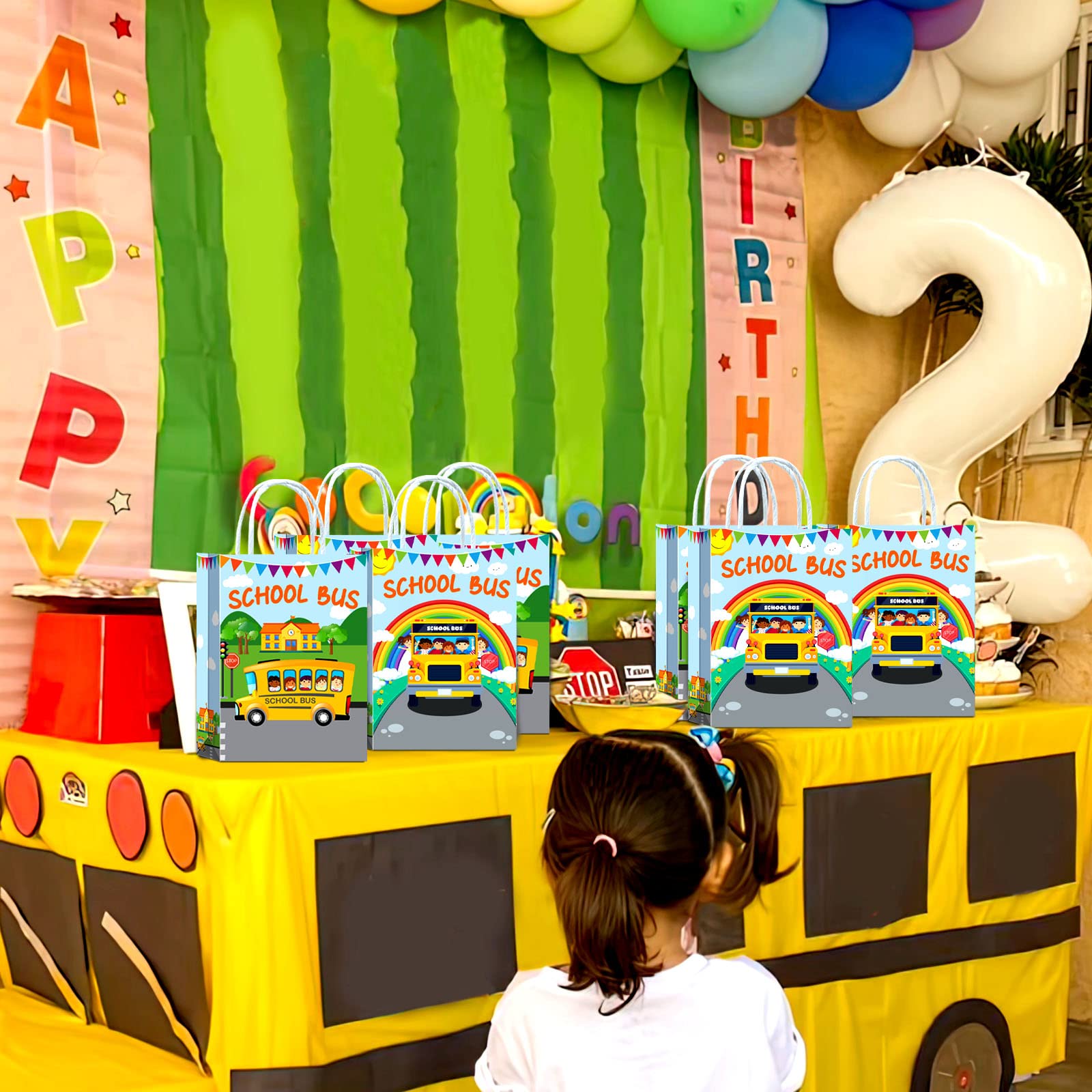 16 Pieces School Bus Goodie Bags for School Bus Birthday Party Supplies,School Bus Gift Snacks Treat Candy Party Favors Bags with Handles for Kids kindergarten School Bus Theme Party Decorations