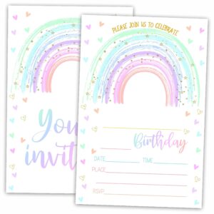 awsice rainbow birthday party invitations, pastel invite cards (20-pack) with envelopes, birthday party supplies decorations(4"x6")-c01