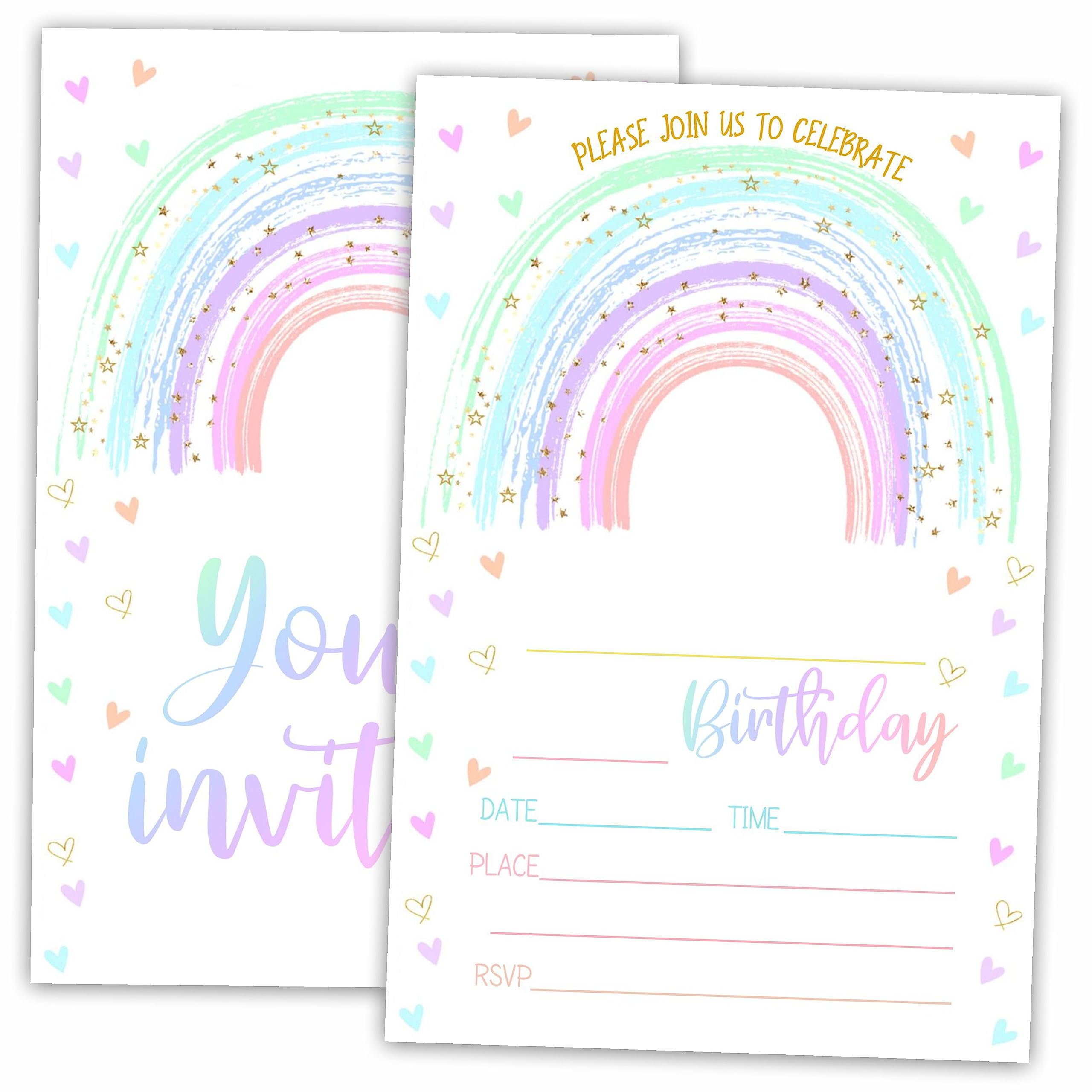 AWSICE Rainbow Birthday Party Invitations, Pastel Invite Cards (20-Pack) with Envelopes, Birthday Party Supplies Decorations(4"x6")-C01