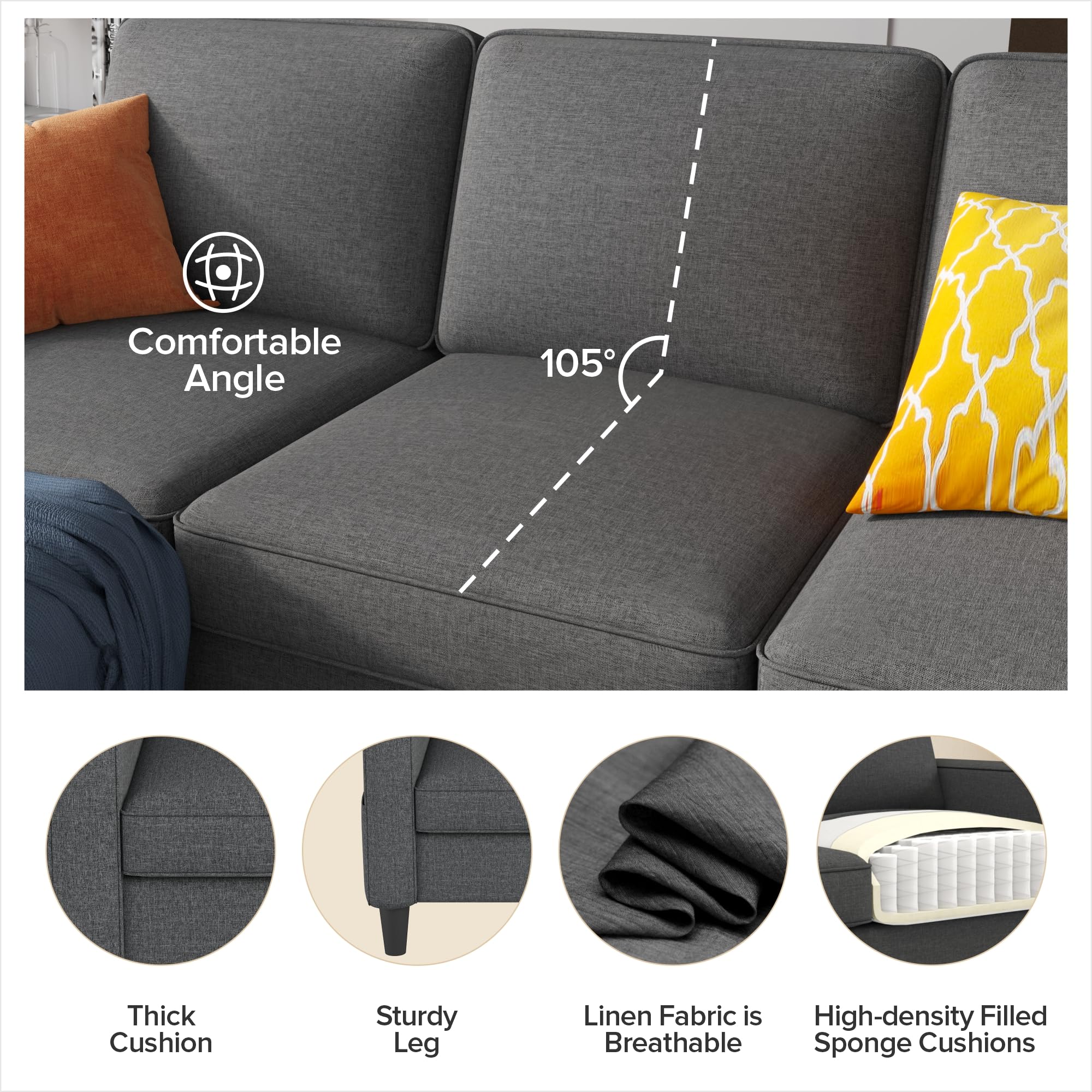 Youmumeub Convertible Sectional Sofa, L-Shape Linen Fabric Sofa Couch with Storage Ottoman, 3-Seats Sofa for Small Living Room and Apartment, Dark Grey