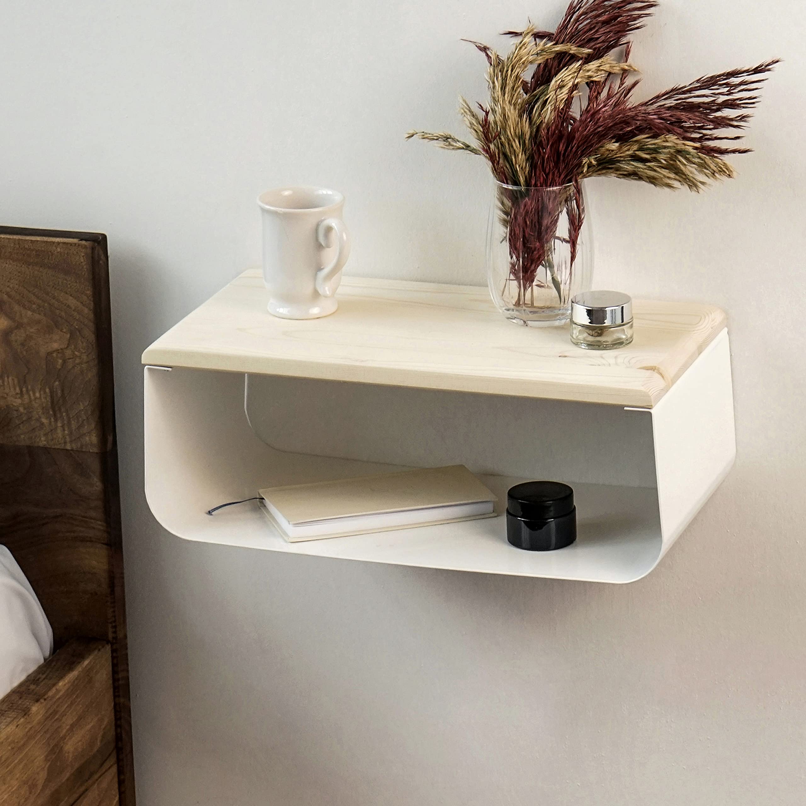 Floating Nightstand with Spruce Top | Modern Bedroom Decor | Minimalist Wall-Mounted Bedside Nightstand| Wall Mounted Shelf | Cloudy Oasis: Serene White