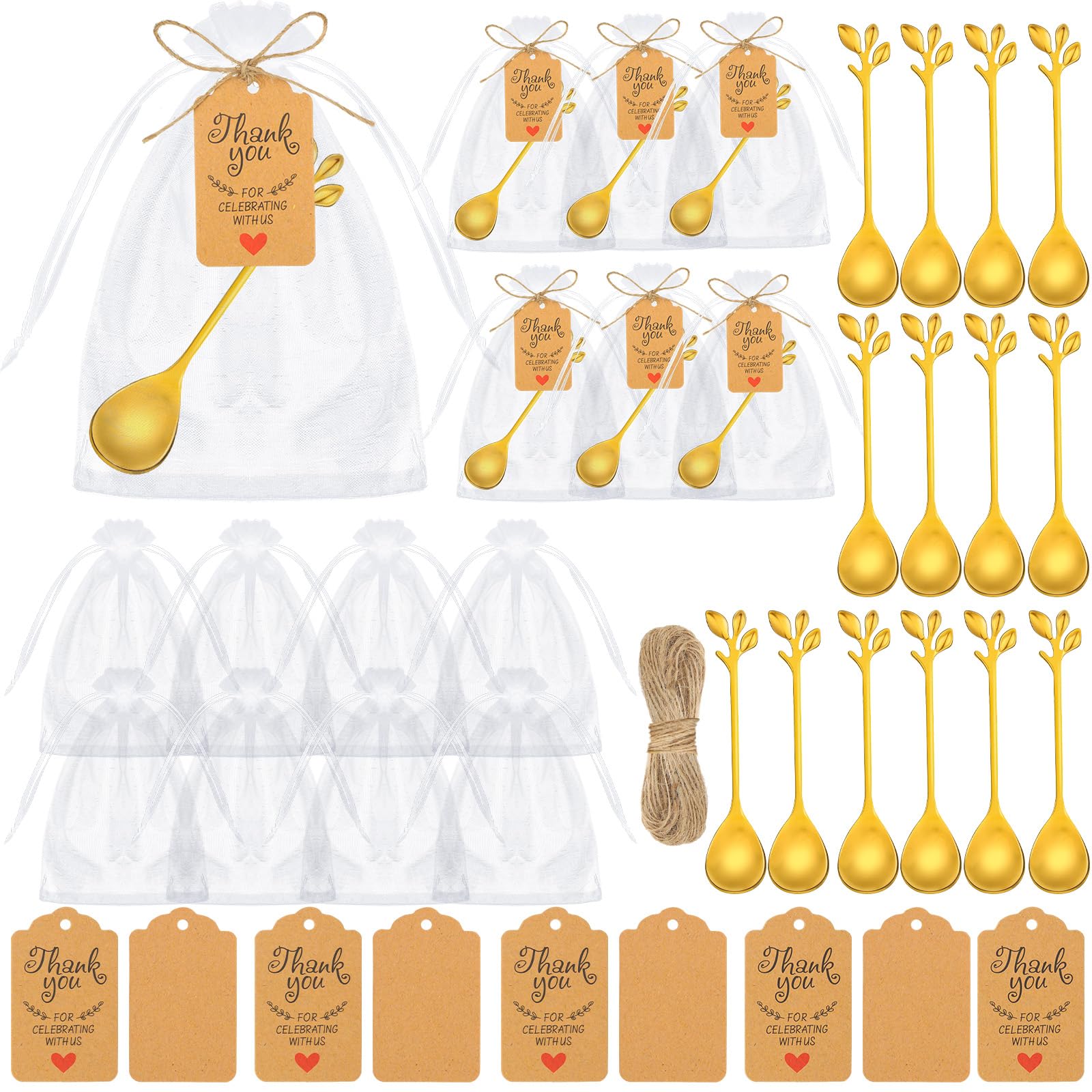 Dandat 50 Sets Wedding Tea Spoon Favor Bulk Include Leaf Coffee Spoon Gold Creative Tableware Dessert Spoons Stainless Steel Demitasse Spoons Mini Bags Labels for Baby Shower Party Bridal Shower Gift