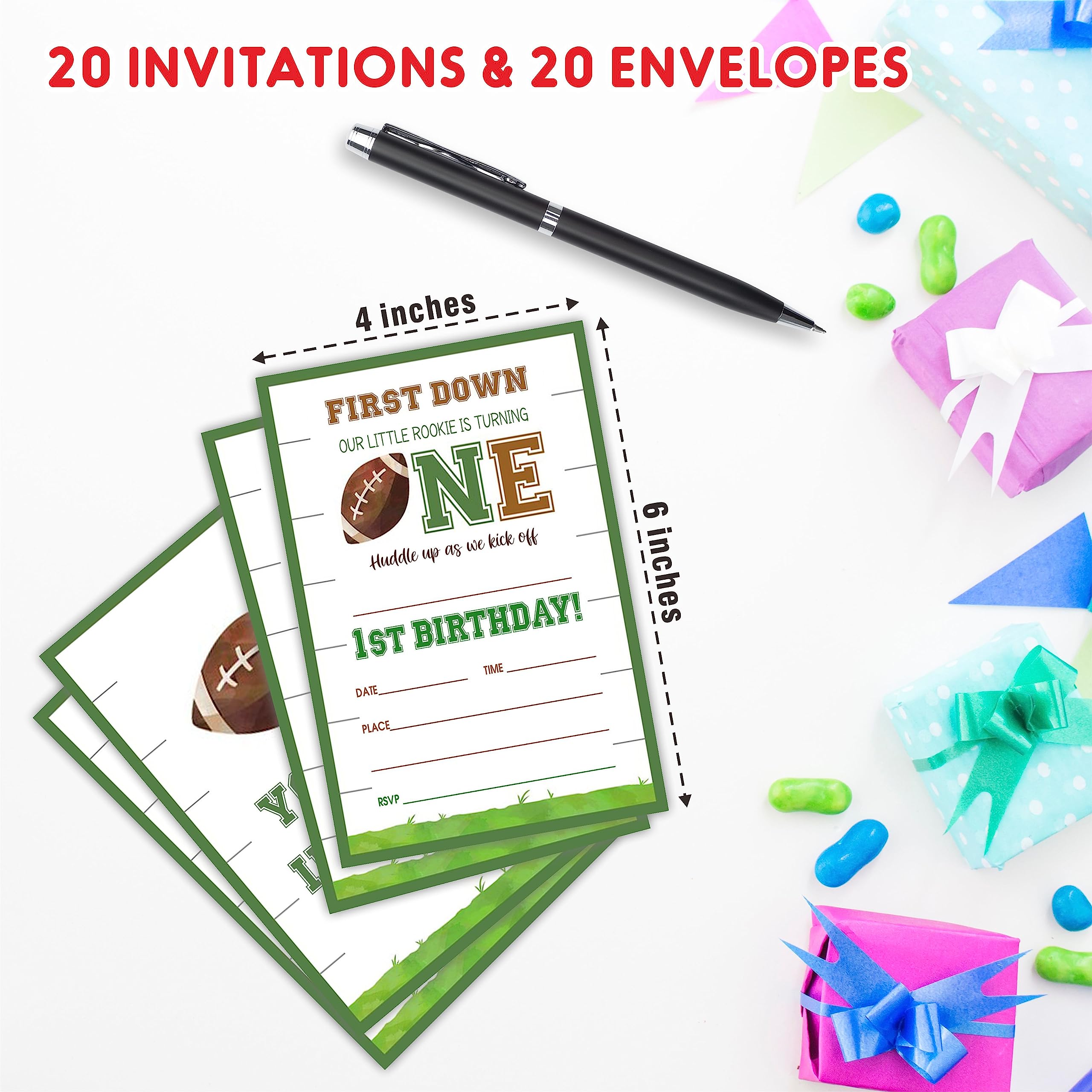 AWSICE Football 1st Birthday Party Invitations, Sports Themed Invite Cards (20-Pack) with Envelopes, Rugby Style Birthday Party Supplies Decorations(4"x6")-C05