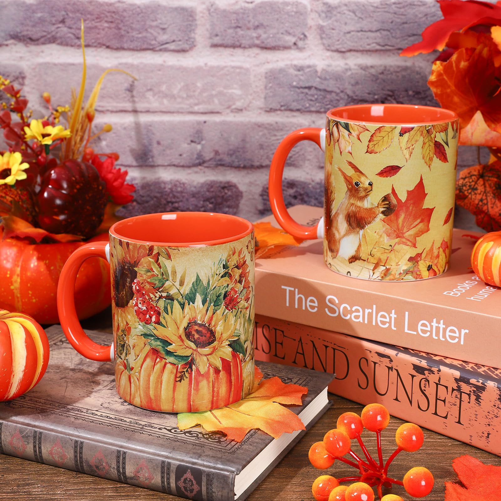 Whaline 12oz Fall Thanksgiving Coffee Mugs Autumn Pumpkin Print Ceramic Cups Watercolor Squirrel Sunflower Mug for Fall Home Birthday Gift Family Supplies,Set of 2