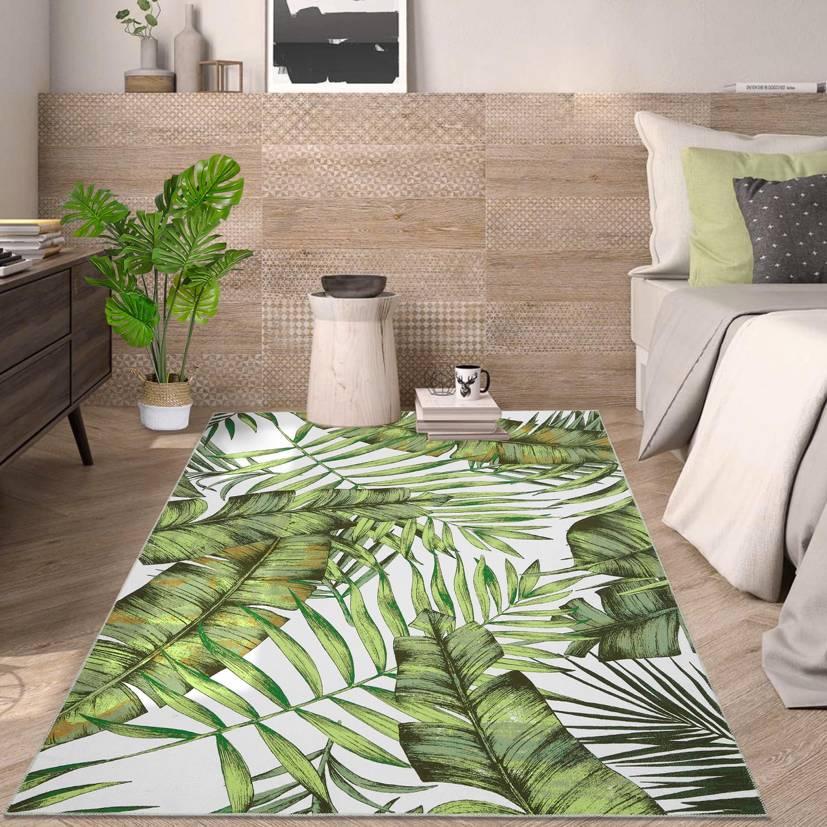 CAREMEE 5x7 Area Rug for Living Room Low Profile Palm Tree Leaf Area Rug Large Throw Carpet Indoor Machine Washable Rug Thin Rug for Bedroom Kitchen Patio Home Decor, 5'x7' Green