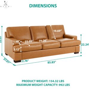 Naomi Home Genuine Leather Sofa - Luxurious Comfort, Goose Feather Cushion Filling, Square Arm Design, Sturdy Block Legs, Elegant Tan - Ideal for Living Room, Office, or Bedroom