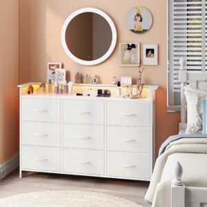 exotica white dresser with led light for bedroom 9 drawer dressers with charging station chests of drawers for entryway closet living room hallway sturdy steel frame wooden top easy pull handle