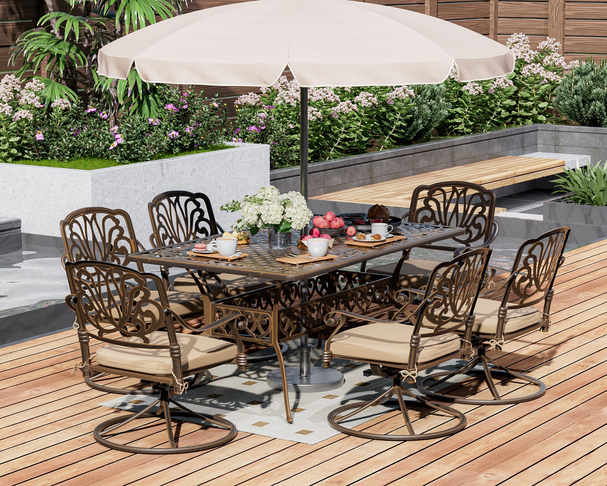 TITIMO 7 Piece Cast Aluminum Patio Dining Set, Outdoor Dining Furniture Patio Table and Chairs Set,6 Floral Pattern Swivel Rocker Chairs with Cushions (Khaki)