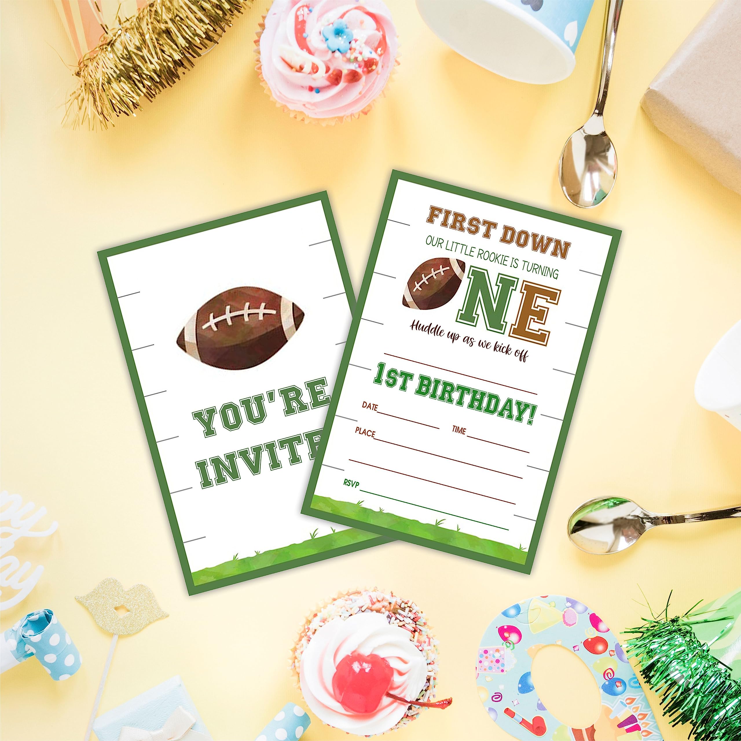 AWSICE Football 1st Birthday Party Invitations, Sports Themed Invite Cards (20-Pack) with Envelopes, Rugby Style Birthday Party Supplies Decorations(4"x6")-C05