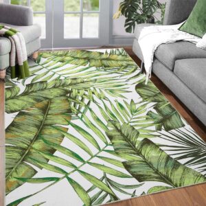 caremee 5x7 area rug for living room low profile palm tree leaf area rug large throw carpet indoor machine washable rug thin rug for bedroom kitchen patio home decor, 5'x7' green