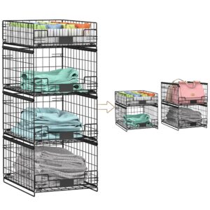 4 pack sliding closet organizers and storage, stackable closet storage shelves, pull out clothes storage organizer baskets/containers/drawers with dividers for wardrobe (black-sturdy wire metal frame)