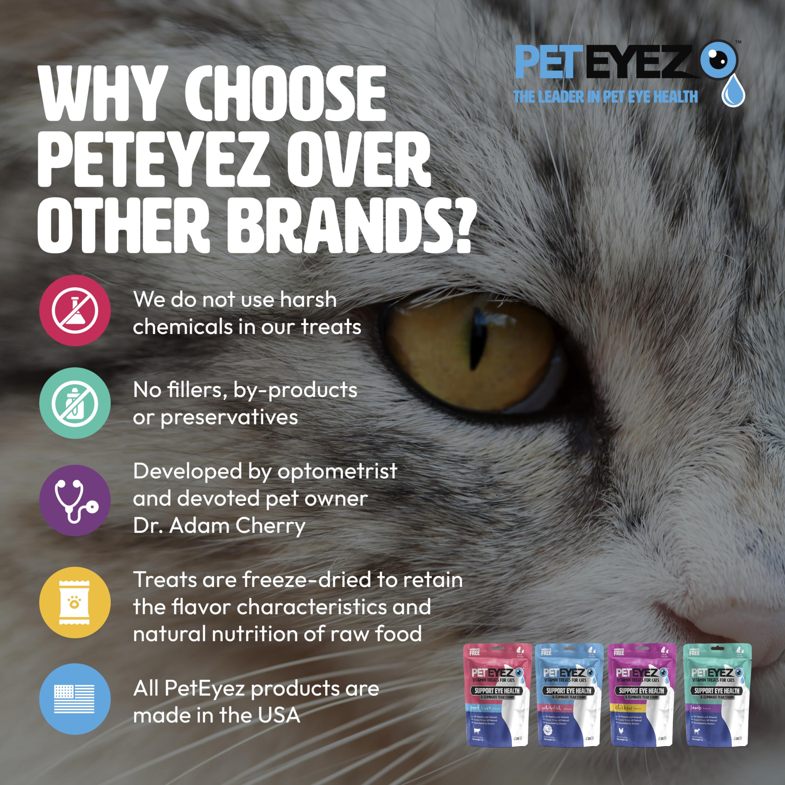 PetEyez Vitamin Treats for Cats - Tear Stain Remover - Eye Health Support - Reduces Itching & Allergies - Chicken Flavor - 1oz