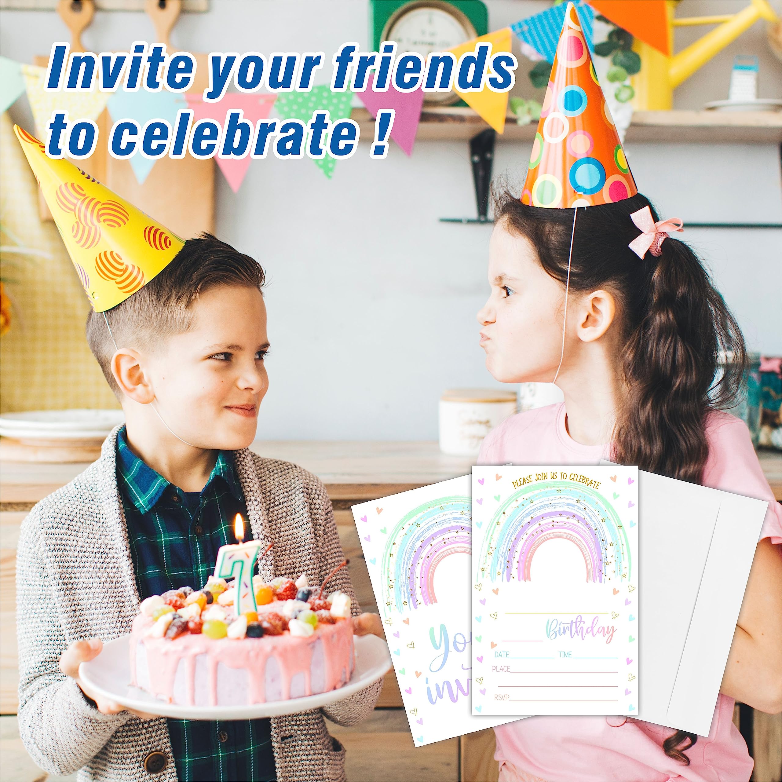 AWSICE Rainbow Birthday Party Invitations, Pastel Invite Cards (20-Pack) with Envelopes, Birthday Party Supplies Decorations(4"x6")-C01