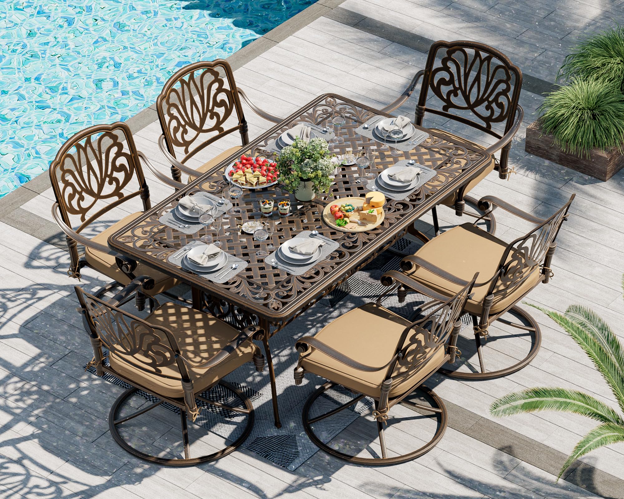 TITIMO 7 Piece Cast Aluminum Patio Dining Set, Outdoor Dining Furniture Patio Table and Chairs Set,6 Floral Pattern Swivel Rocker Chairs with Cushions (Khaki)