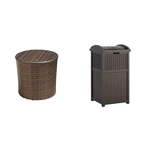 Christopher Knight Home Keaton Wicker Barrel Side Table, Multibrown 16.75 inches high x 17.5 inches wide 17.5 inches deep and Suncast 33 Gallon Hideaway Can Resin Outdoor Trash with Lid Use in Backyard, Deck, or Patio, 33-Gallon, Brown