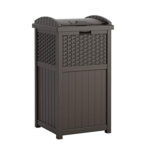 Christopher Knight Home Keaton Wicker Barrel Side Table, Multibrown 16.75 inches high x 17.5 inches wide 17.5 inches deep and Suncast 33 Gallon Hideaway Can Resin Outdoor Trash with Lid Use in Backyard, Deck, or Patio, 33-Gallon, Brown