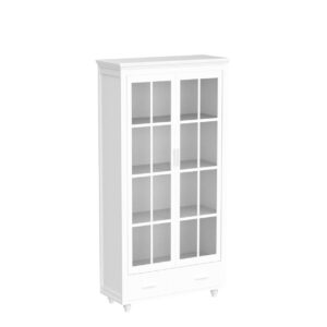 ECACAD Bookcase Storage Cabinet with Glass Doors & Drawer, 3-Tier Wooden Bookshelf Display Cabinet for Living Room, Home Office, White (36.2”L x 14.6”W x 70.9”H)