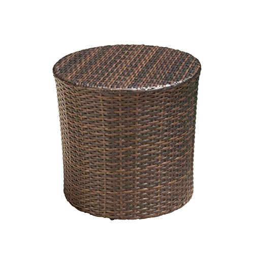 Christopher Knight Home Keaton Wicker Barrel Side Table, Multibrown 16.75 inches high x 17.5 inches wide 17.5 inches deep and Suncast 33 Gallon Hideaway Can Resin Outdoor Trash with Lid Use in Backyard, Deck, or Patio, 33-Gallon, Brown