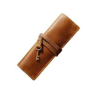 acrecean retro genuine leather pencil case, rollup pen, pencil pouch wrap foldable tool, pencil storage case for adult men & women office work (brown)