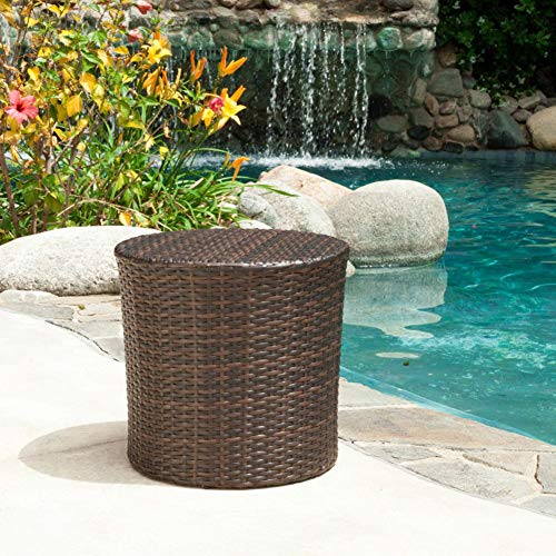 Christopher Knight Home Keaton Wicker Barrel Side Table, Multibrown 16.75 inches high x 17.5 inches wide 17.5 inches deep and Suncast 33 Gallon Hideaway Can Resin Outdoor Trash with Lid Use in Backyard, Deck, or Patio, 33-Gallon, Brown