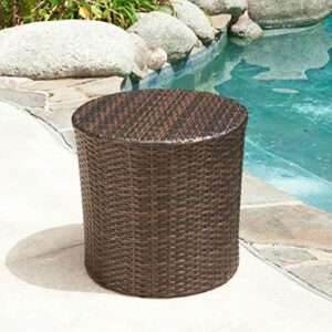 Christopher Knight Home Keaton Wicker Barrel Side Table, Multibrown 16.75 inches high x 17.5 inches wide 17.5 inches deep and Suncast 33 Gallon Hideaway Can Resin Outdoor Trash with Lid Use in Backyard, Deck, or Patio, 33-Gallon, Brown