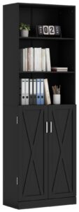 loomie industrial boolshelf with door, 6 tier farmhouse book shelf with adjustable shelves,70" tall display etagere bookcase,floor standing unit book case furniture for home office,living room (black)