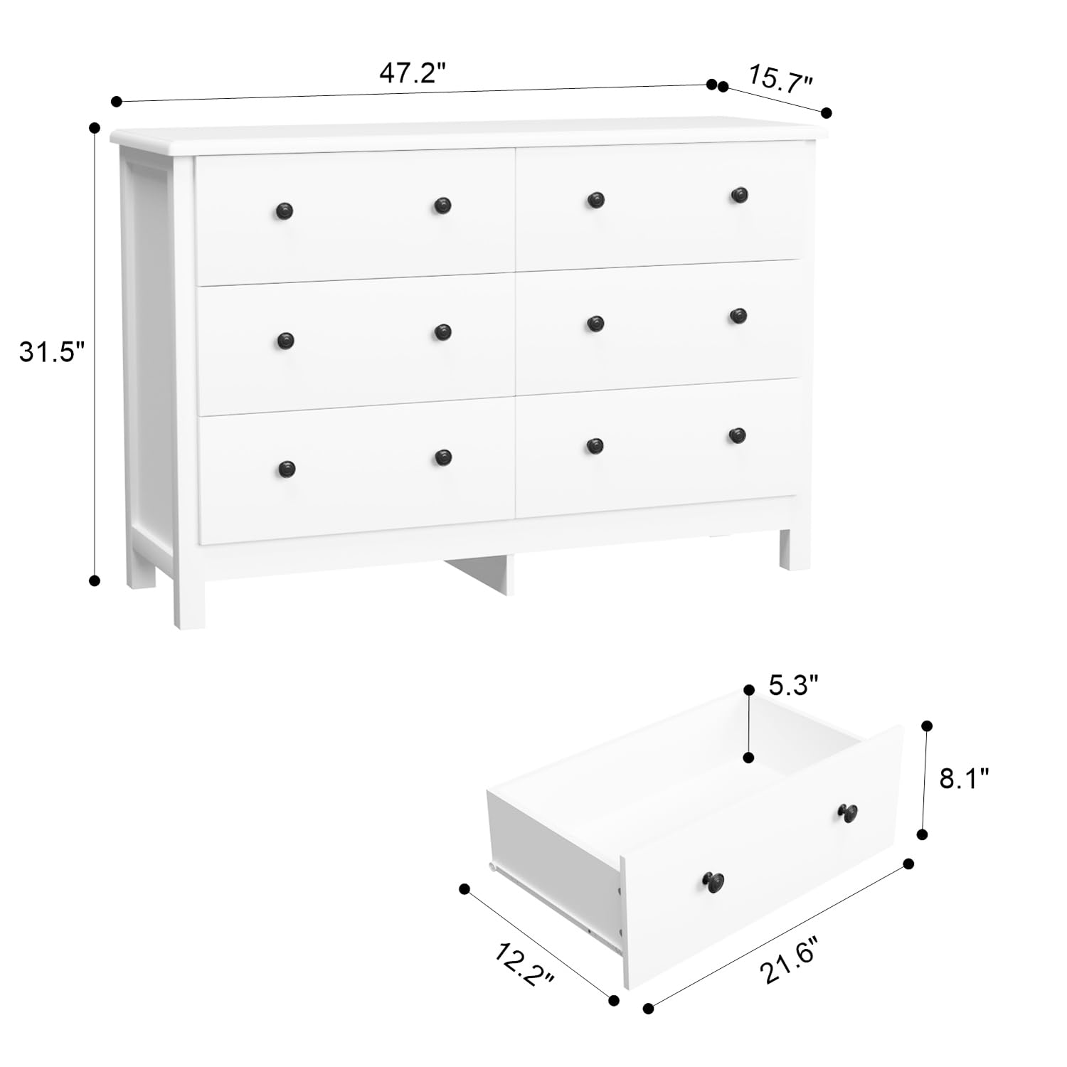 SINROM White Dresser for Bedroom, Modern 6 Drawer Dresser for Living Room, Hallway, Wide Chest of Drawer with Black Pulls