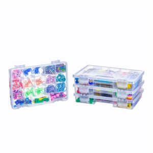 bangqiao 4 pack clear plastic storage organizer box with 15 adjustable dividers and 3 fixed sections, portable carrying case with handle and hinged lid for art, craft supplies, small parts, tackle