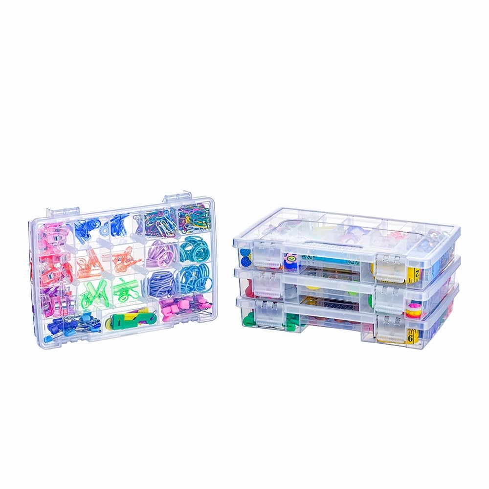 BangQiao 4 Pack Clear Plastic Storage Organizer Box with 15 Adjustable Dividers and 3 Fixed Sections, Portable Carrying Case with Handle and Hinged Lid for Art, Craft Supplies, Small Parts, Tackle