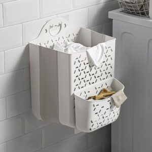 earssa 2pcs hanging laundry basket with carry handle, foldable plastic laundry hamper, wall hanging storage basket, dirty clothes storage bin multi-function storage container (white,small)