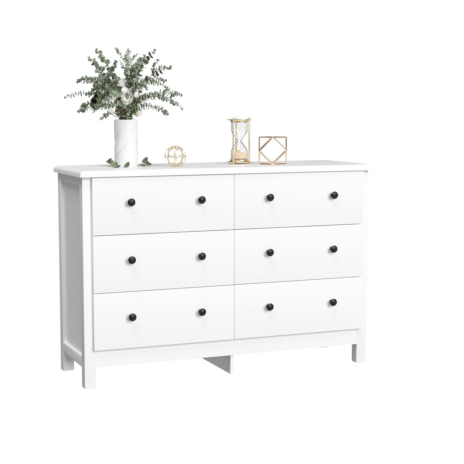 SINROM White Dresser for Bedroom, Modern 6 Drawer Dresser for Living Room, Hallway, Wide Chest of Drawer with Black Pulls