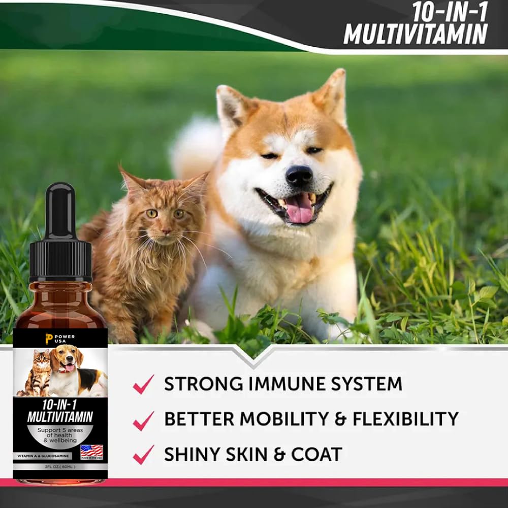 Pet Vitamins 10-in-1 Made in USA - Natural Glucosamine for Dogs & Cats, Essential Multivitamin Blend for Pet Joint Health, Longevity, Gut & Immune Health - All Ages, Breeds and Sizes.