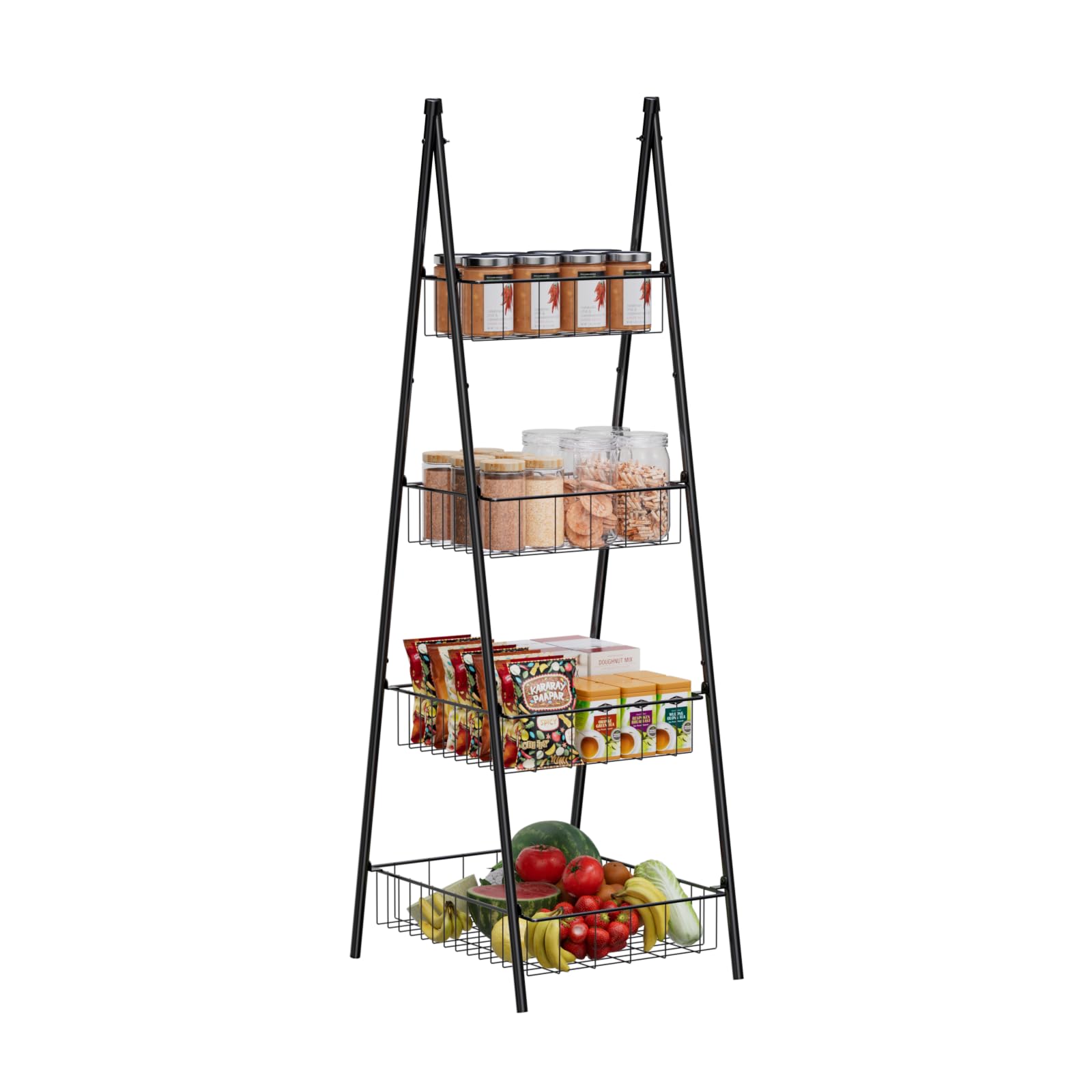 Wire Basket Stand for Kitchen and Bathroom 4 Tier Fruit Storage Basket Stand Metal Floor Standing Vegetable Holder Basket Stand for Snacks Pantry Kitchen Storage, Black