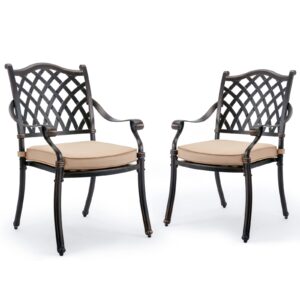 2 pcs outdoor cast aluminium dining chairs set - all weather patio chairs with removable cushions, antique brass patio chairs with armrests backrests for bistro, restaurant, garden, backyard