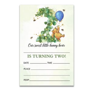 dolimifa winnie the pooh 2nd birthday invitations fill in style greenery winnie the pooh blue balloon little hunny bear winnie second birthday invites for 2 year old, 20 count with envelopes