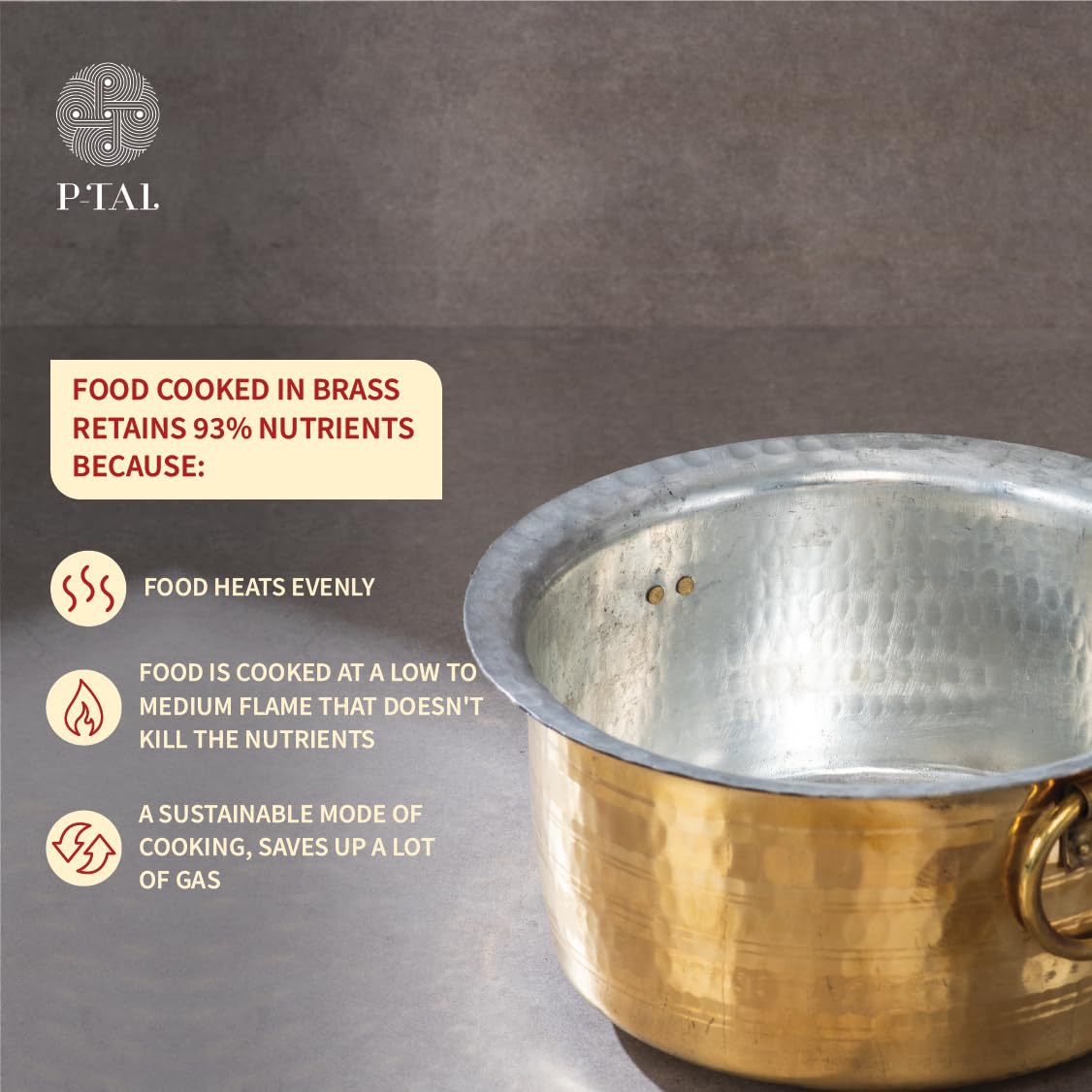 P-TAL Brass Stock Pot with Lid Naturally Nonstick and Toxin Free Pasta Pot Multipurpose Cooking Pot, PFOA and PTFE Free (3.2 Quart)