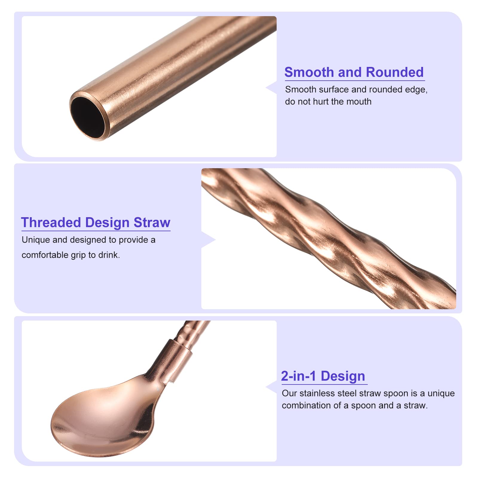 uxcell Stainless Steel Spoon Straws, 4Pcs 8.6" Reusable Metal Long Handle Drinking Straws Spoon for Milkshake Drinks Cocktail, Rose Gold