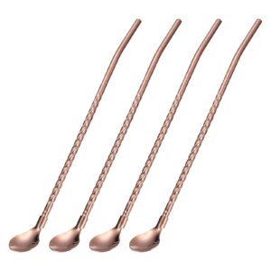 uxcell stainless steel spoon straws, 4pcs 8.6" reusable metal long handle drinking straws spoon for milkshake drinks cocktail, rose gold