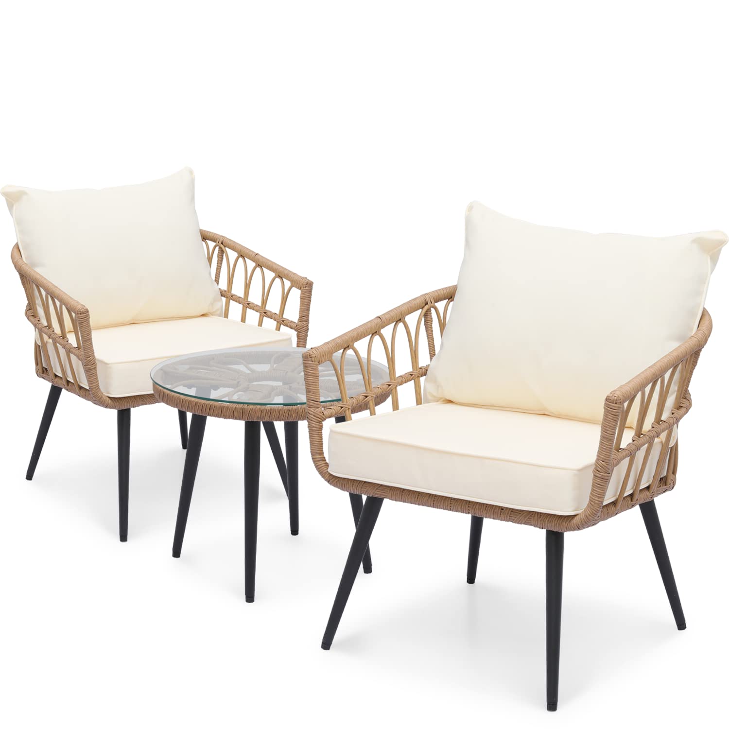 MoNiBloom 3 Piece Patio Conversation Bistro Set, Outdoor All-Weather Wicker Furniture Rattan High Back 2 Chair and Side Table for Porch Backyard Garden, Capacity 250 lbs, Natural