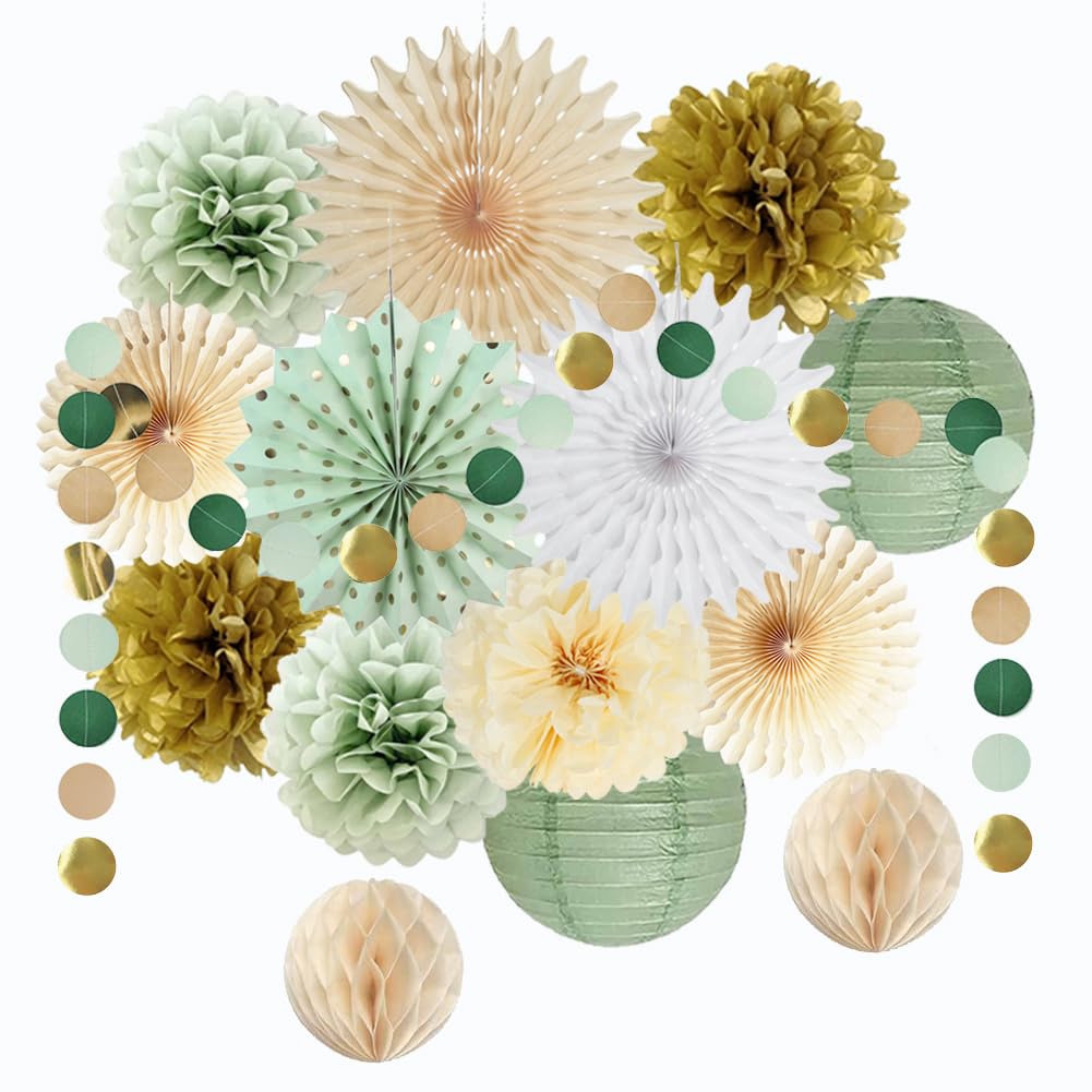 Sage Party Decorations Sage Green and Gold Paper Pom Poms Paper Fans Lanterns Sage Gold Glitter Dots Hanging Party Garland for Sage Birthday Wedding Bridal Shower Graduation Party Decor