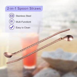 uxcell Stainless Steel Spoon Straws, 4Pcs 8.6" Reusable Metal Long Handle Drinking Straws Spoon for Milkshake Drinks Cocktail, Rose Gold