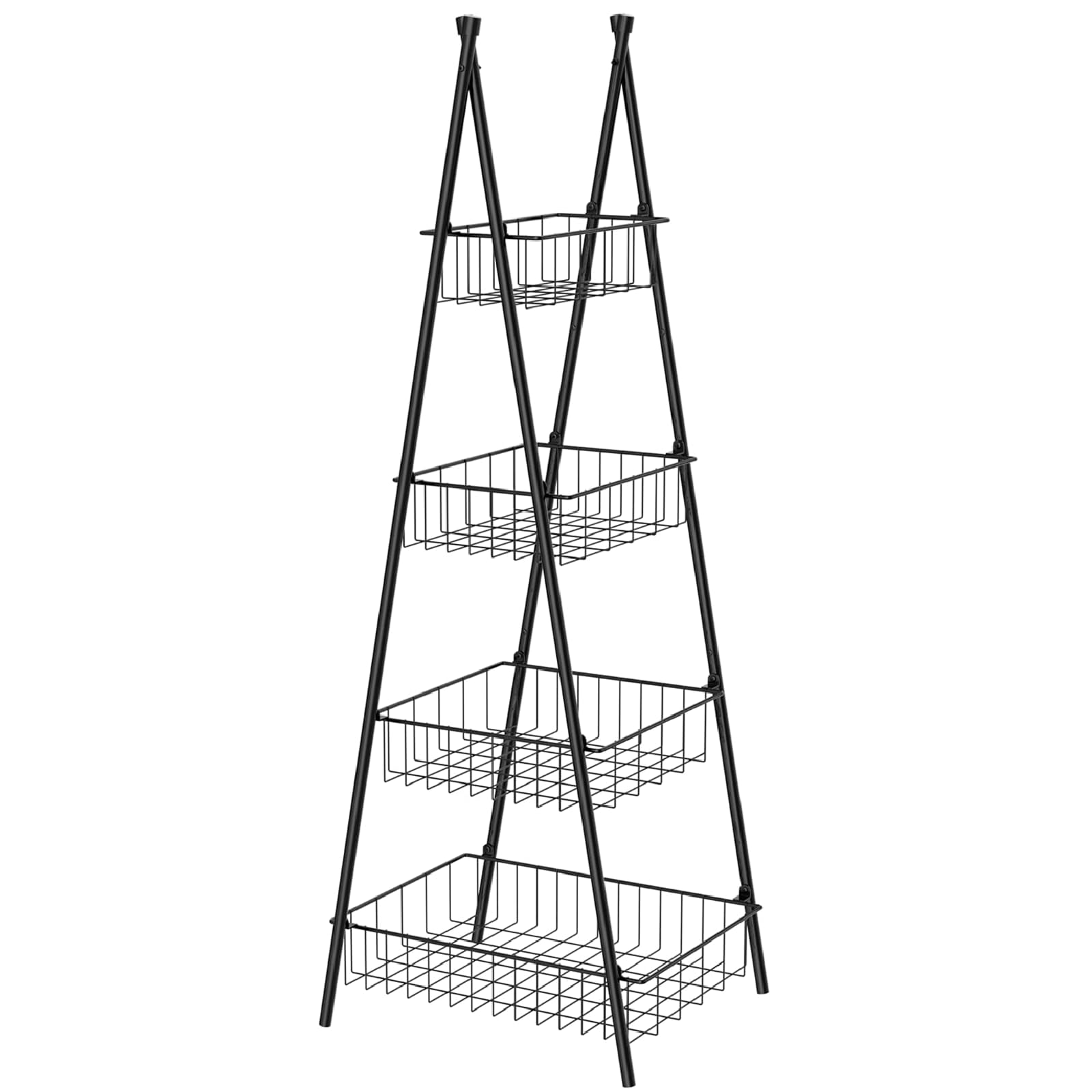 Wire Basket Stand for Kitchen and Bathroom 4 Tier Fruit Storage Basket Stand Metal Floor Standing Vegetable Holder Basket Stand for Snacks Pantry Kitchen Storage, Black