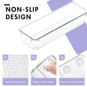 HOUSE DAY Desk Drawer Organizer Bins 4 PCS, 9*3*2" Clear Drawer Organizers with Silicone Pads, Vanity Organizers and Storage, Non Slip Plastic Drawer Organizer for Makeup, Bathroom, Kitchen, Office